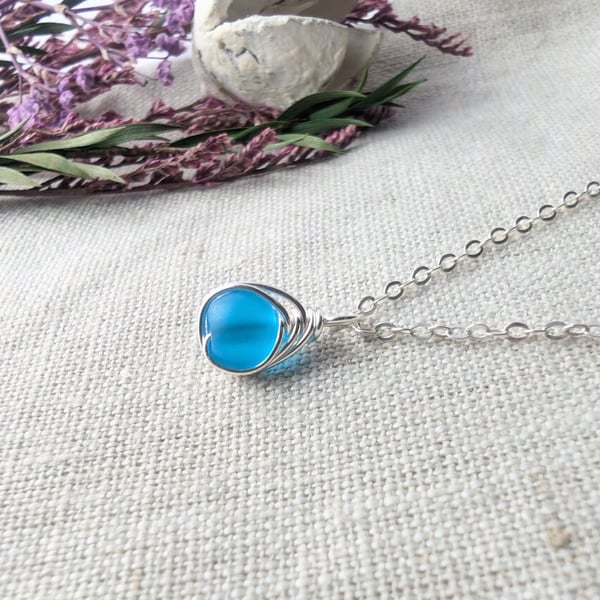 SEAGLASS Pacific Blue Necklace, Minimalist Dainty Sterling Silver Pendant