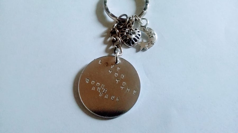 Love you to the moon and back hand stamped key ring with charms