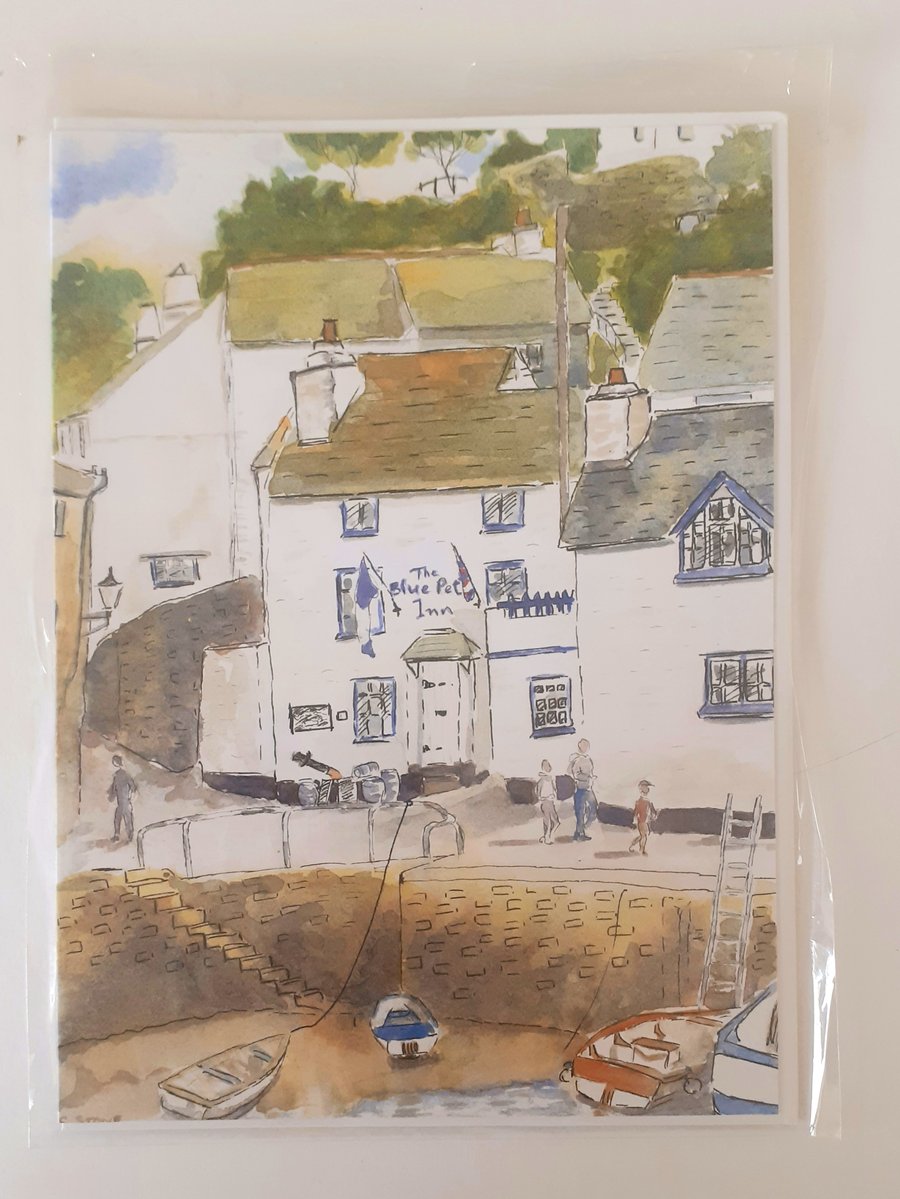 Blank greetings card Blue Peter pub Polperro from original watercolour size A5