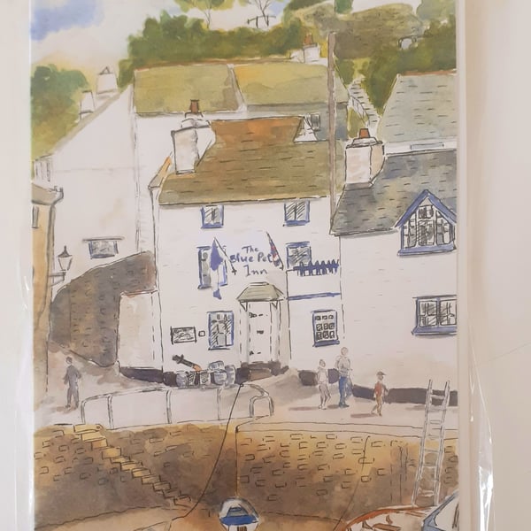 Blank greetings card Blue Peter pub Polperro from original watercolour size A5