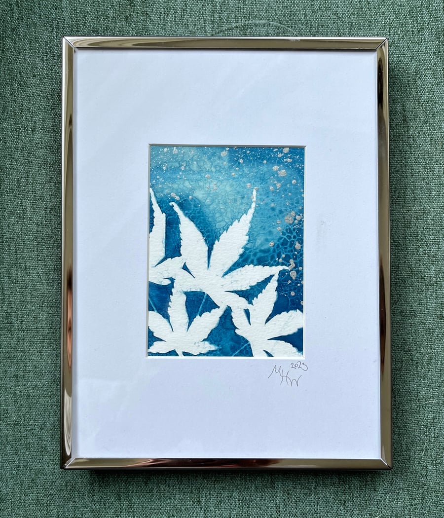 Original cyanotype "maple leaves" - mounted in a silver frame