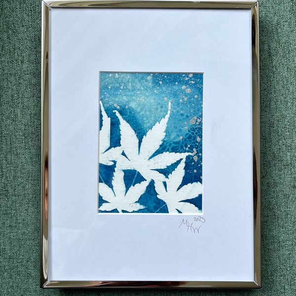 Original cyanotype "maple leaves" - mounted in an 8x6 inch silver frame