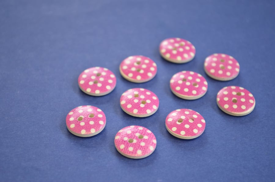 15mm Wooden Spotty Buttons Hot Pink With White Dots 10pk Spot Dot (SSP13)