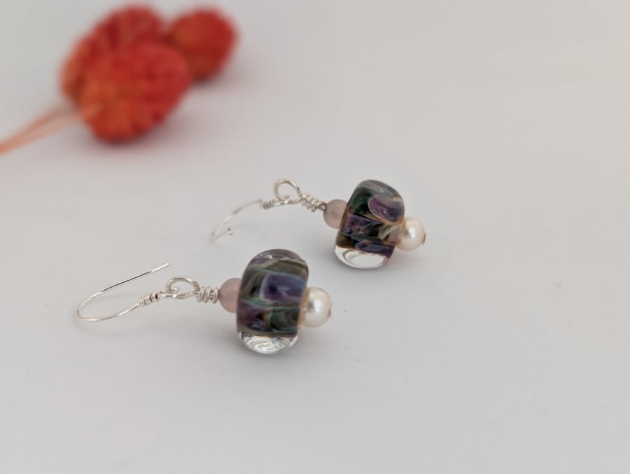 Lampwork Art Glass Earrings: Soft Mauve and Green, Sterling Silver Earwires