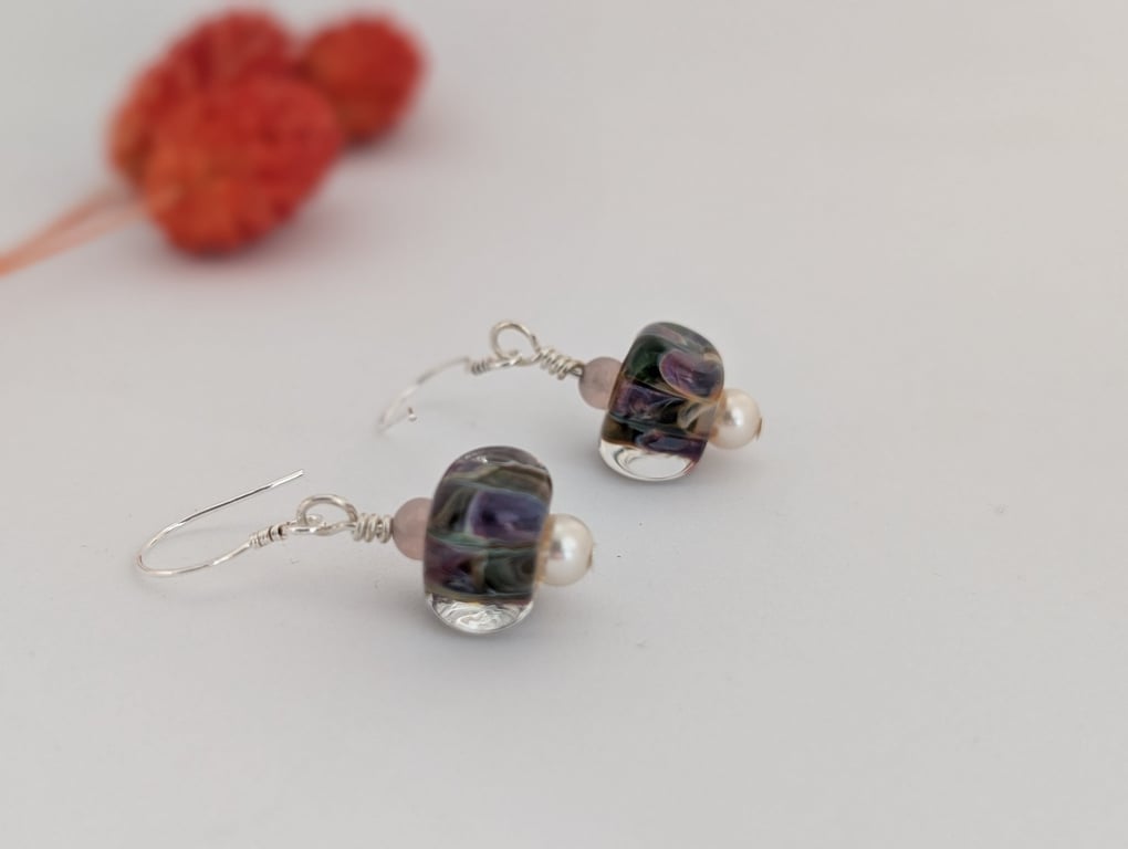 Lampwork Art Glass Earrings: Soft Mauve and Green, Sterling Silver Earwires