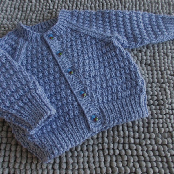 16" Patterned Round Neck Baby Cardigan (Light Denim Blue)