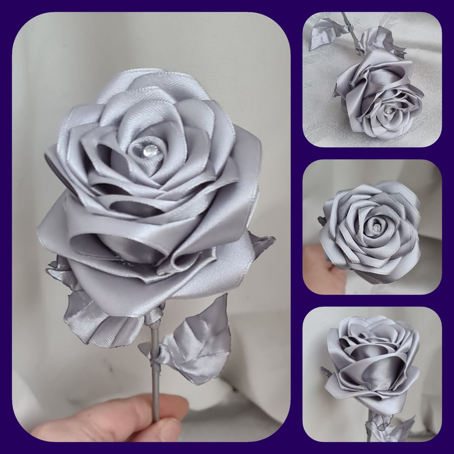 Gorgeous Handmade Silver Ribbon Rose - Long Stem Artificial Gift