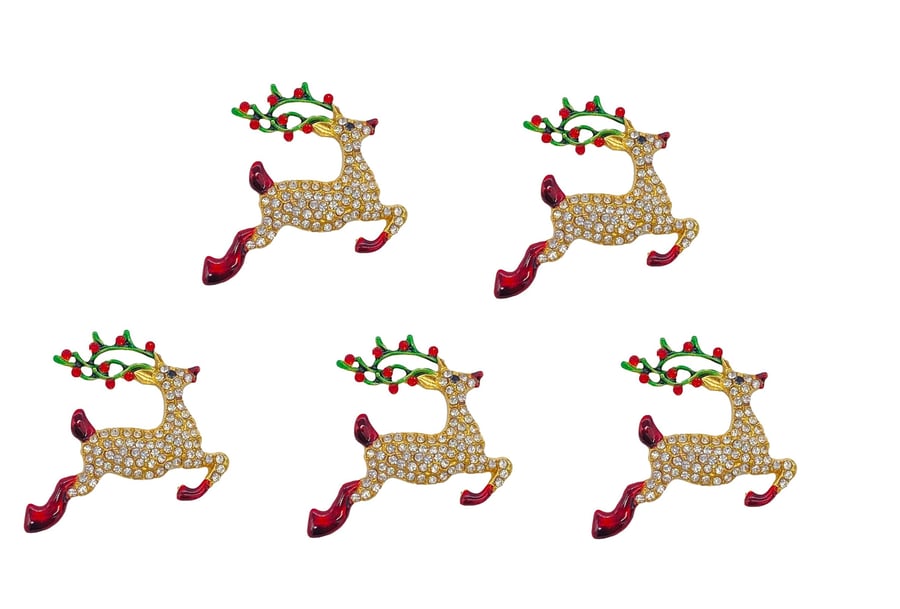 5pcs Rhinestone Reindeer Embellishments with Holly Antlers for Christmas and Scr