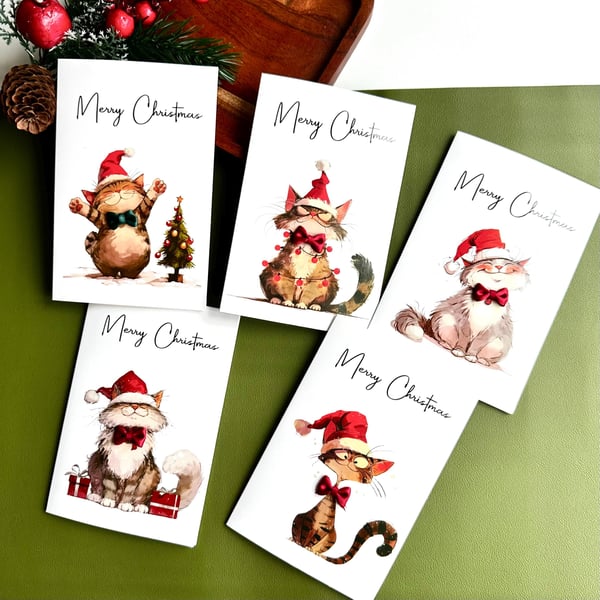 Festive cat Christmas card Santa feline in hat greeting pet lover holiday wishes