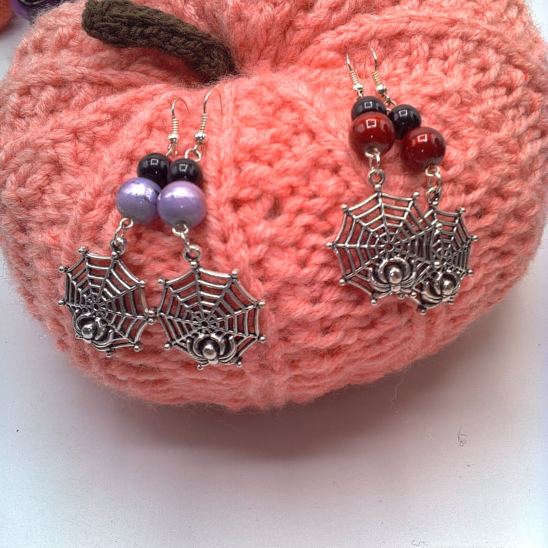 Silver Plated Spider's Web Earrings with Choice of Bead Colours, Spider Earrings