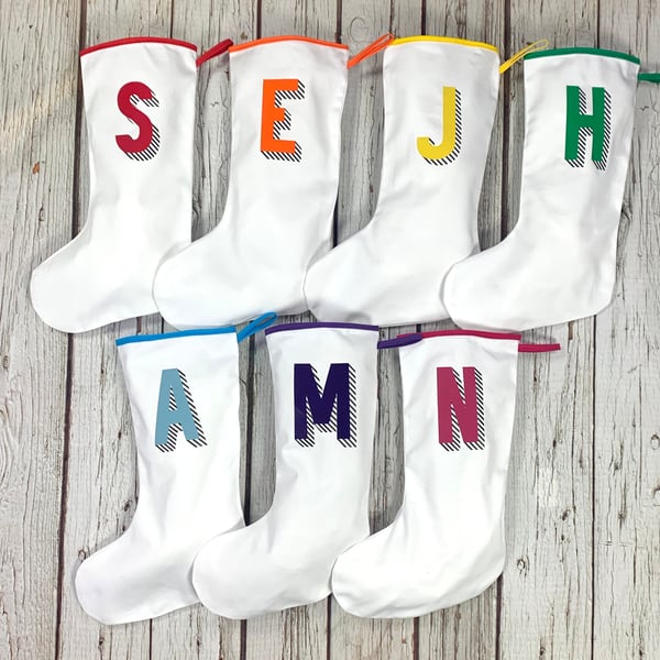 Rainbow Christmas Stocking- personalised Holiday decoration, Custom initial xmas