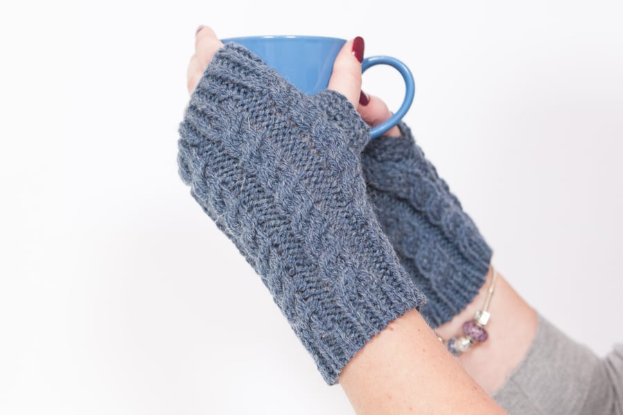 Denim fingerless gloves - Hand warmers - Fingerless mittens - Knitted gloves