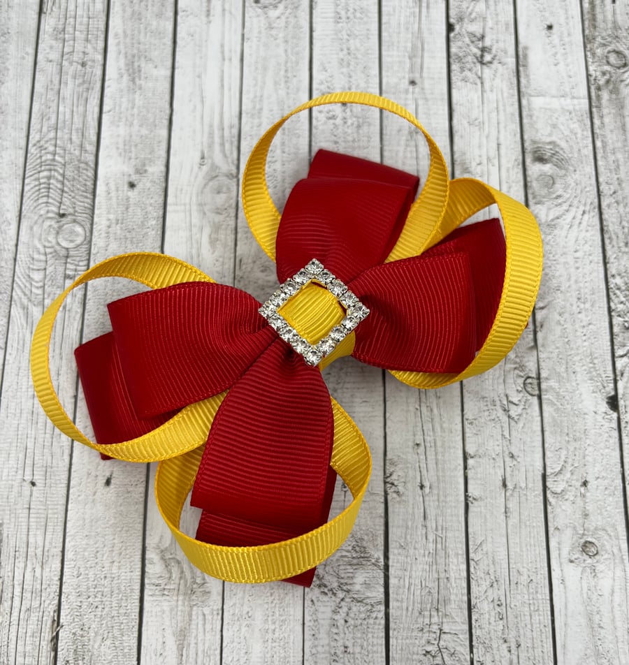 School Grey Double Layer Bow with Yellow Gold Loops on Clip