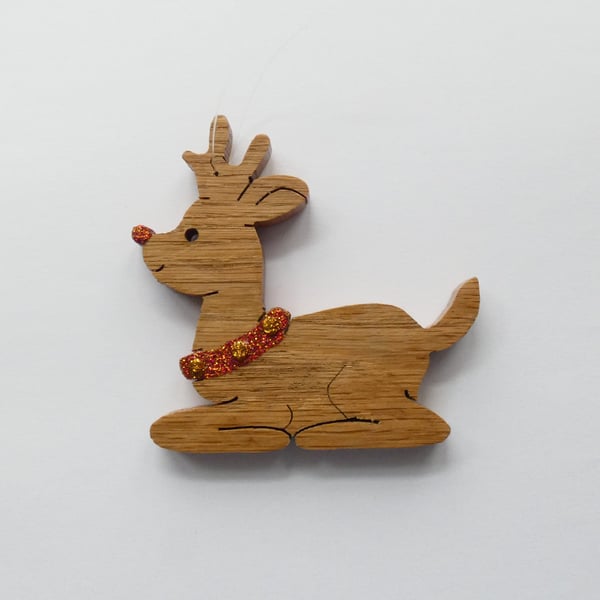 Wooden Oak Reindeer Christmas Tree Ornament