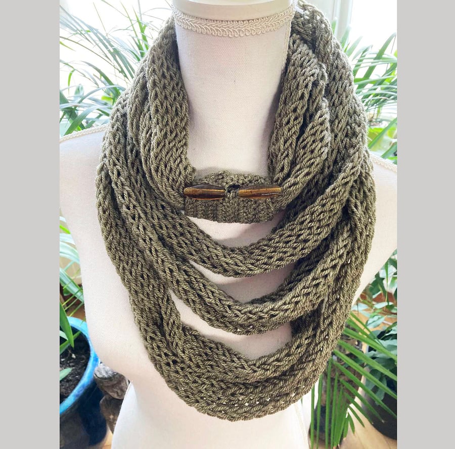 Crochet mesh olive green shawl green hand knit scarf with crochet strap 