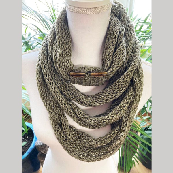 Crochet mesh olive green shawl green hand knit scarf with crochet strap 