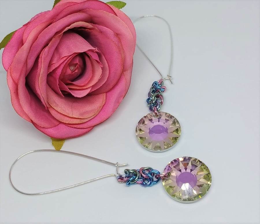 Pastel Unicorn Byzantine Chainmaille Long Sterling Silver Earrings with Round Cr