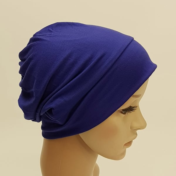 Blue viscose jersey hat for women, lightweight beanie, messy hair day head wear