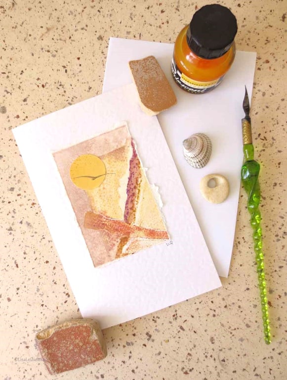 Hand painted and drawn blank art greeting card ooak design sunset travel 