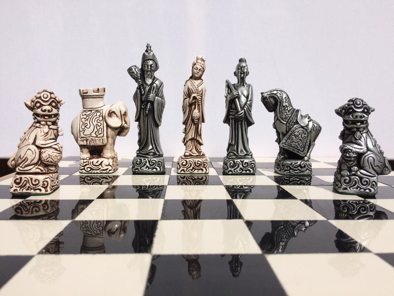 Oriental chess set - Antique White & Aged Silver Effect (Chess Pieces only)