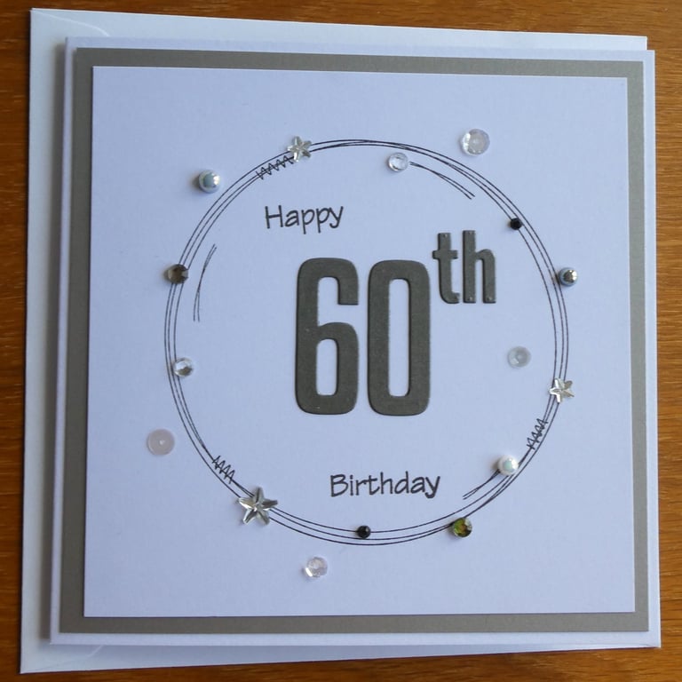 60th Birthday Card - Grey and Silver Wreath Design
