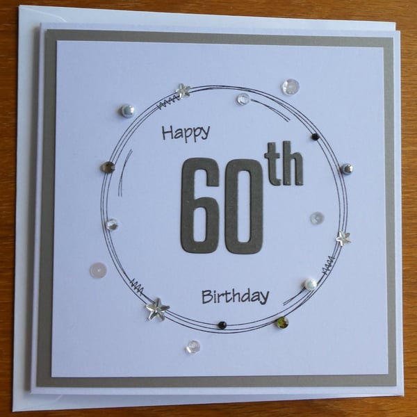 60th Birthday Card - Grey and Silver Wreath Design
