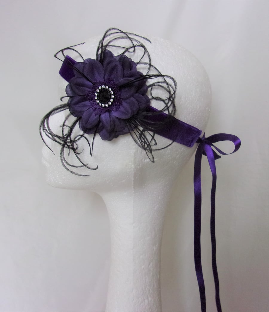 Dark Purple and Black Flower Vintage Flapper Headband