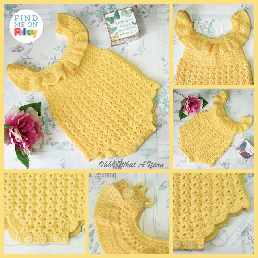Yellow ruffle crochet baby romper. Ruffled romper.  Age 0-6 months