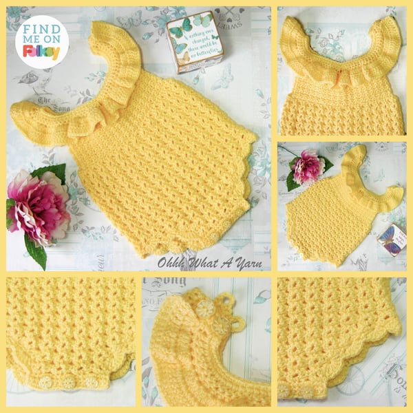 Yellow ruffle crochet baby romper. Ruffled romper.  Age 0-6 months