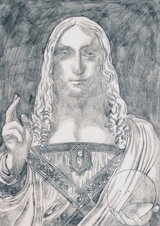 Salvator Mundi (after Leonardo), monoprint on paper, signed & numbered