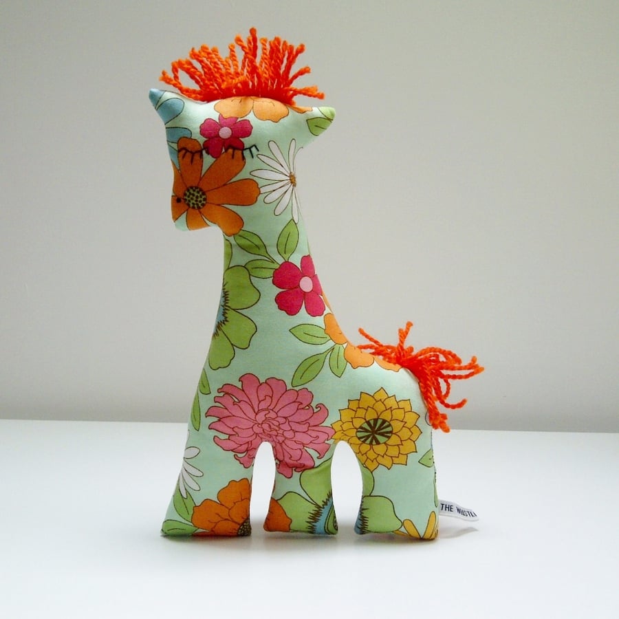 SALE Retro Giraffe Soft Toy in Green Flower Power Fabric, 70's Style Pop Floral 