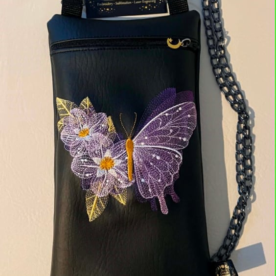 Purple Butterfly Embroidered Crossbody Bag - Floral Witchy Aesthetic  