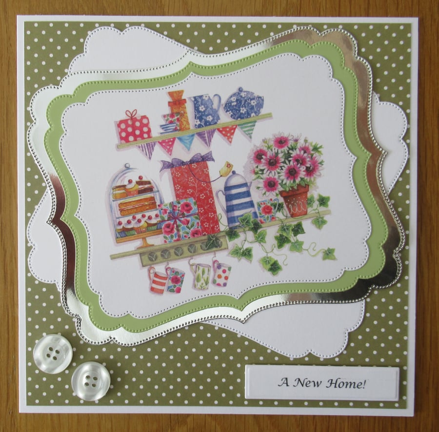 7x7" Kitchen Shelves with Cakes & Flowers - New Home Card