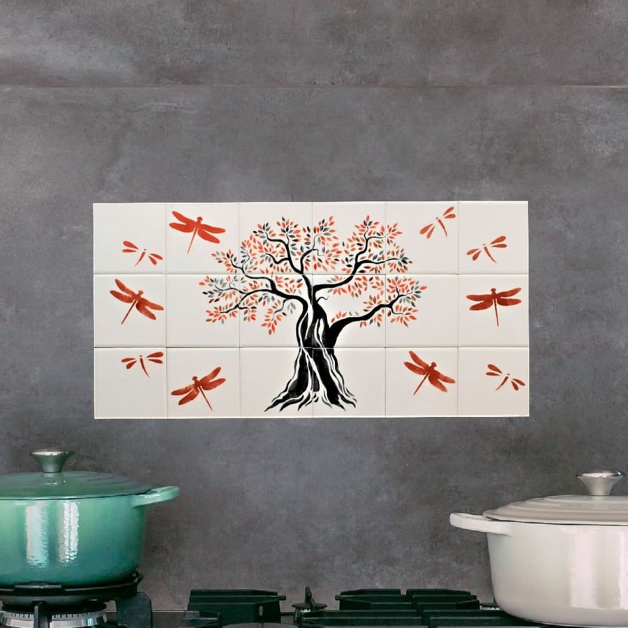 Hand-painted Tile Mural Backsplash with Tree of Life