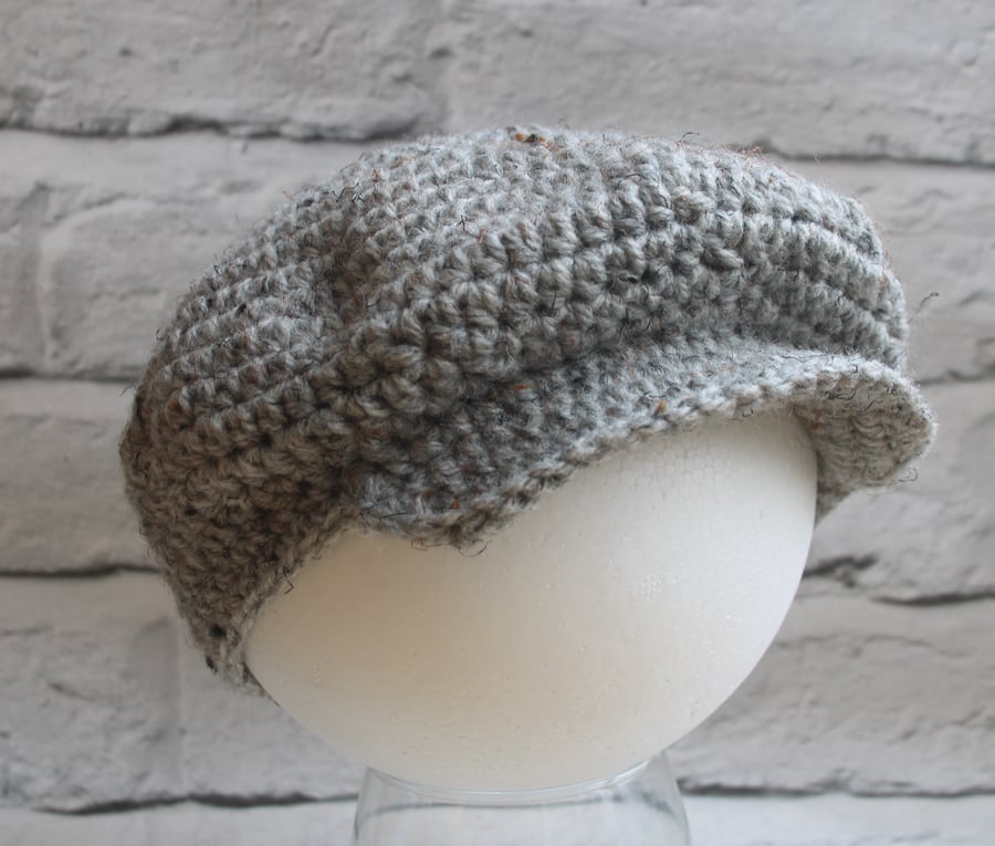 Crochet Newsboy Cap - Grey Tweed - Sizes 0-3 Months Baby to Toddler