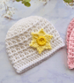 Newborn White Crochet Baby Hat with Daffodil Applique - CLEARANCE