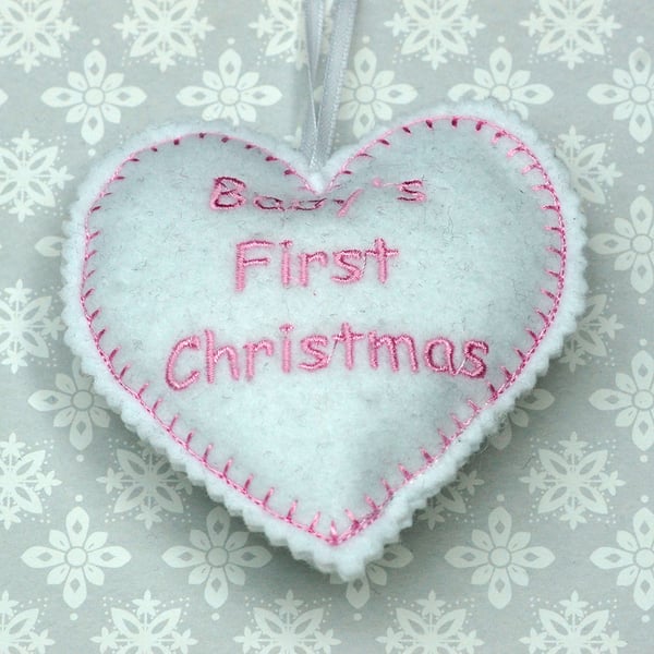 Embroidered baby's first Christmas felt hanging heart