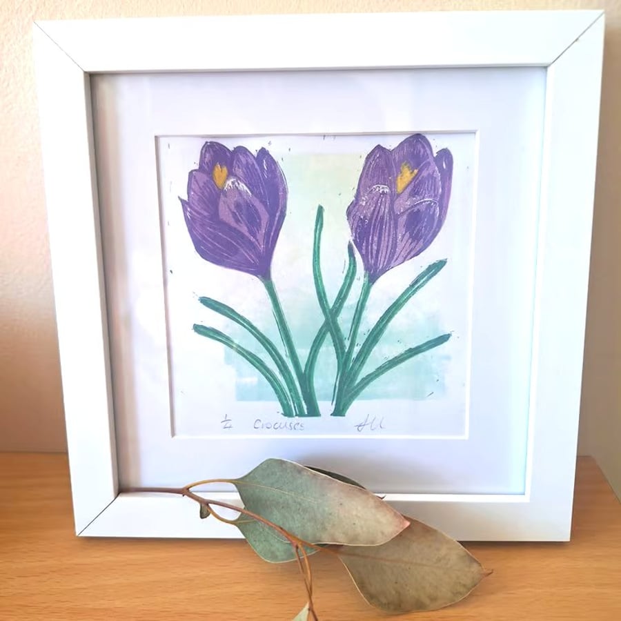 An original handprinted linoprint of Crocuses