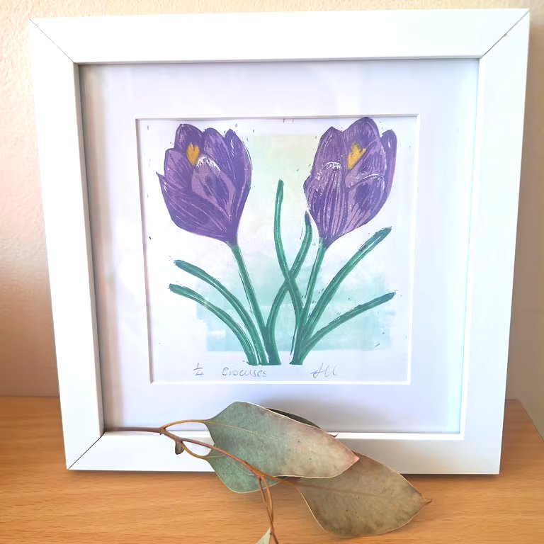 An original handprinted linoprint of Crocuses