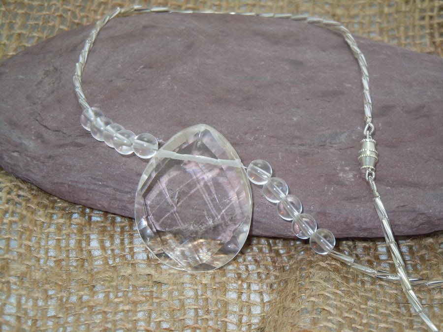 Faceted clear Crystal Quartz pendant necklace & glass bugle beads