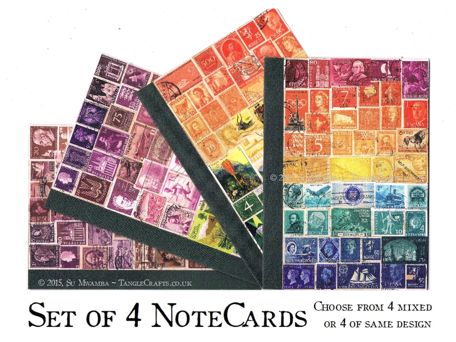 Blank Notecard Set of 4 Mixed - Printed Designs, Postage Stamp Collage Art