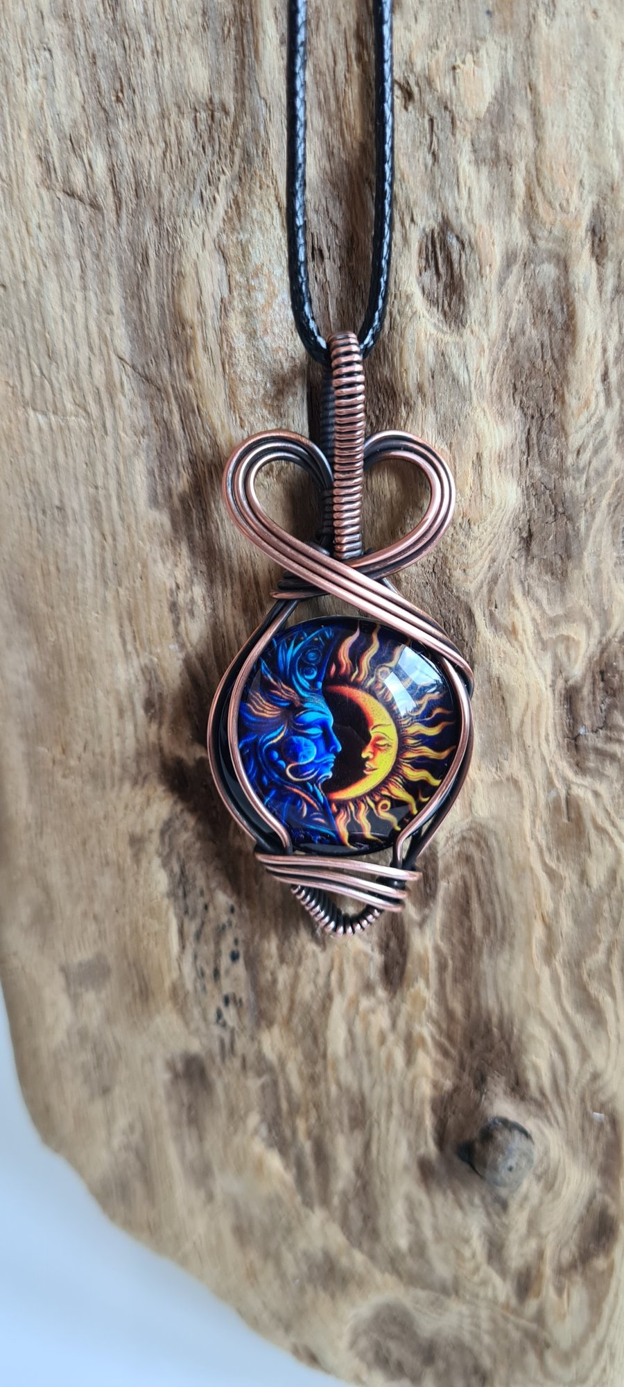 Sun & Moon Wire Wrapped Glass & Copper Pendant Necklace Gift Jewellery Jewelry