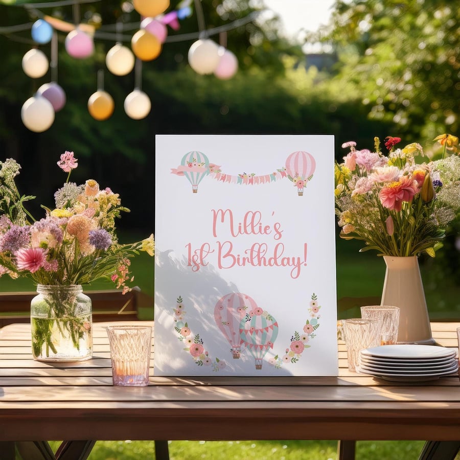 Personalised Hot Air Balloons 1st Birthday Welcome Sign, table centrepiece