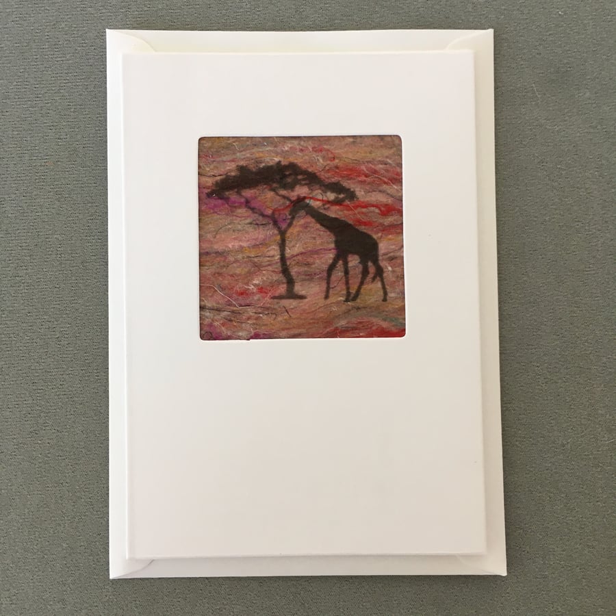 Greeting card, print on hand made silk paper, tree and giraffe silhouette 