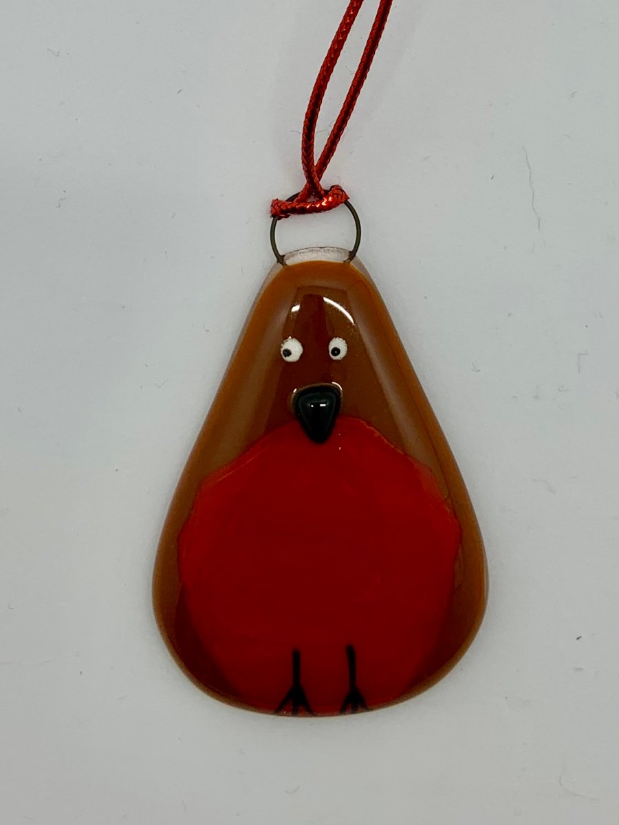 Handmade Fused Glass Robin Hanging Christmas Decoration 