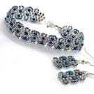 Shimmering blue and silver rainbow picot beaded bracelet and earrings set