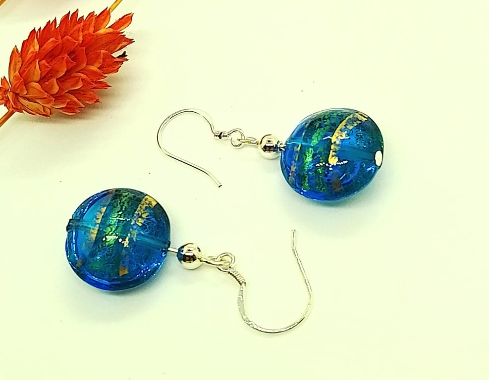 Sea Blue Green Murano Glass Earrings, 22kt Gold Foil, Sterling Silver Ear Wires