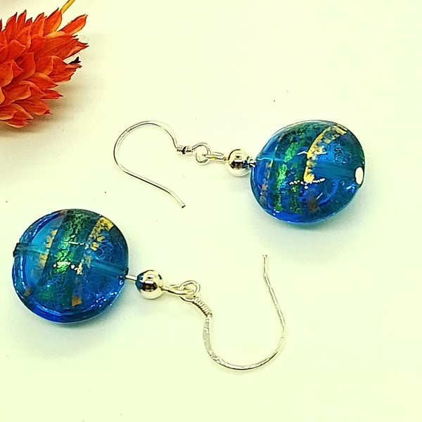 Sea Blue Green Murano Glass Earrings, 22kt Gold Foil, Sterling Silver Ear Wires