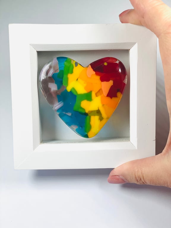 Rainbow heart picture in fused glass 