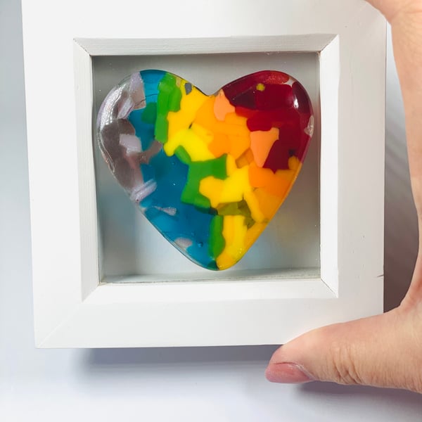 Rainbow heart picture in fused glass 